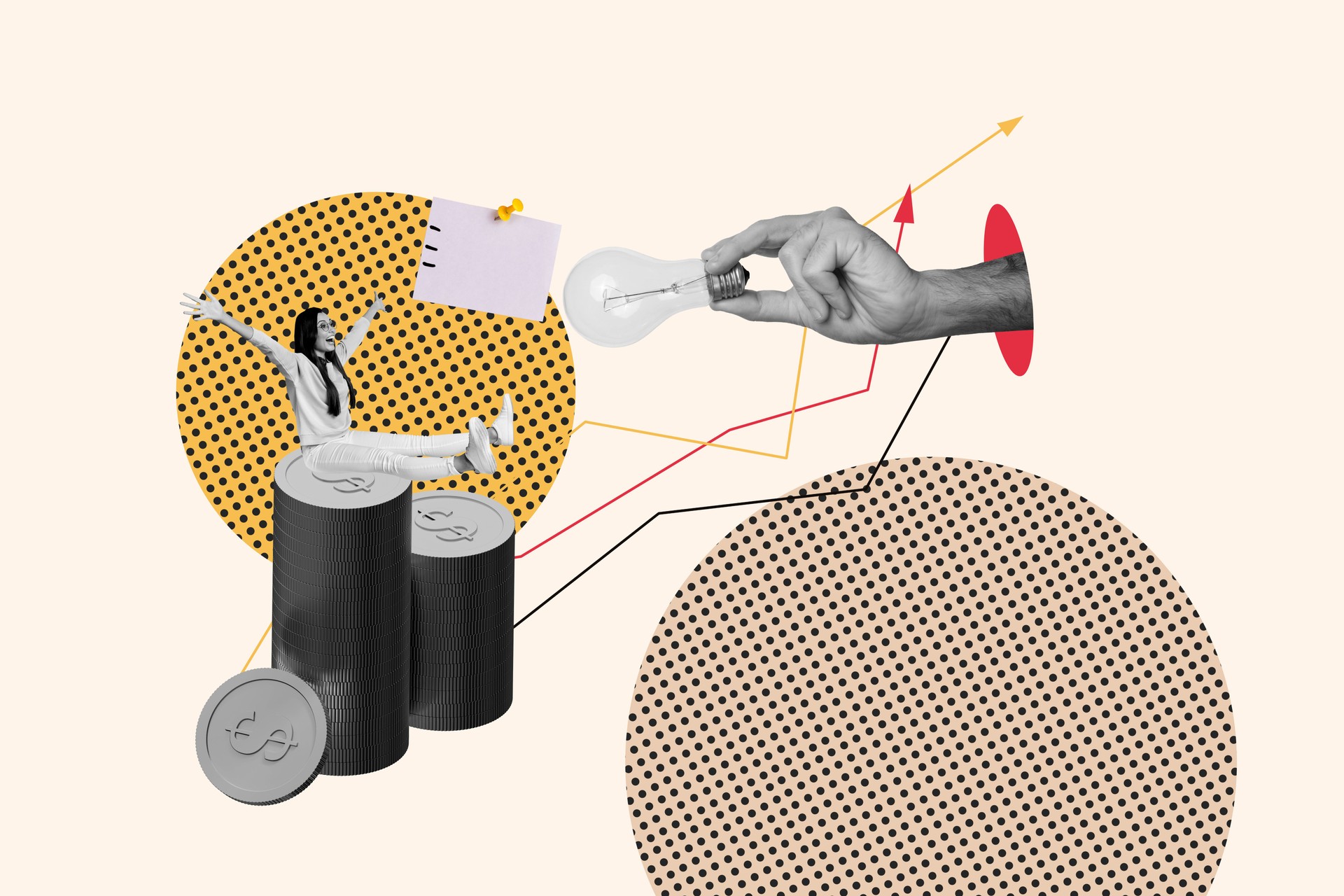 Creative collage of big black white effect arm through hole hold light bulb excited mini girl sit pile stack money coins growing arrow upwards